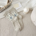Oatmeal beige polka dot mid-calf socks with blue heart bear embroidery in cozy knit - One Size / Beige