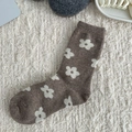 Brown wool-blend crew socks with white floral embroidery for autumn and winter warmth - One Size / Flower