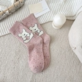 Pink heart bear mid-calf socks with red polka dots on cozy knitted background - One Size / Pink
