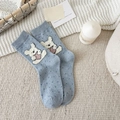 Light blue crew socks with white bears and pink hearts, knit with soft thermal cotton - One Size / Blue