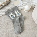 Mid-calf gray knit socks with cute polka dots and blue heart bear pattern for winter - One Size / Light Gray