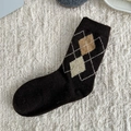 Deep brown wool socks with khaki and beige argyle pattern and ribbed cuffs - One Size / Argyle