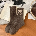 Thick wool blend socks in dark coffee brown with a sweet pink bow accent detail - One Size / Coffee