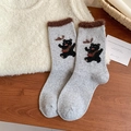 Hellgraue Wollsocken mit süßer Bärenstickerei und flauschigem braunem Plüschbündchen - Einheitsgröße / Hellgrau