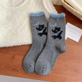 Thick wool blend mid-calf socks in dark grey with blue faux fur trim and bear embroidery - One Size / Dark Gray