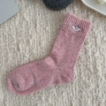 Pink wool-blend crew socks with cute cartoon animal embroidery and ribbed texture - One Size / Cartoon Embroidery