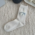 Cream knit wool crew socks with blue floral embroidery and warm ribbed cuff detail - One Size / Cat