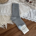 Gray ribbed mid-calf knit socks featuring a delicate golden bow pendant charm - One Size / Light Gray