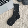 Dark gray wool blend knit socks with light gray dots and ruffled cuff detail - One Size / Small Dots (Lettuce Edge)