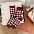 Chaussettes à carreaux rouges avec broderie ours et maille thermique pour l'hiver - Taille unique / Bordeaux
