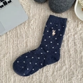 Navy blue wool socks with white polka dots and alpaca embroidery detail for winter - One Size / Deer Embroidery