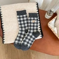 Checkered knit socks with cute bear embroidery and ruffle trim in dark grey and white - One Size / Dark Gray