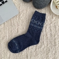 Thick navy blue Fair Isle wool blend crew socks with snowflake patterns for winter - One Size / Snowflake