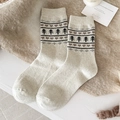 Cream wool socks with brown heart and black tree pattern in Fair Isle style - One Size / Off White