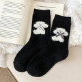Thick black wool socks featuring a plush white puppy motif and checkered ribbon bow - One Size / Black