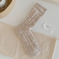 Beige cable knit crew socks in rainbow confetti yarn for a cozy autumn winter style - Khaki