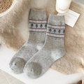 Grey wool Fair Isle socks featuring dark blue tree patterns and pink wavy accents - One Size / Light Gray