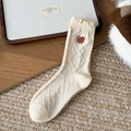 Beige knit socks with bear embroidery, diamond texture, and decorative ruffle cuffs - One Size / White Argyle
