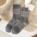 Dark gray Fair Isle wool socks featuring pink hearts and white Christmas tree patterns - One Size / Dark Gray