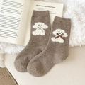 Brown wool socks with cute white puppy pattern and plaid bow tie detail - One Size / Brown