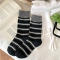 Thick wool blend mid-tube socks in black and white stripes for winter warmth - One Size / Black