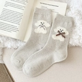 Light gray wool socks featuring white poodle patterns and red plaid 3D bows for women - One Size / Beige