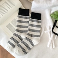 Striped wool crew socks in off-white and black colorway for women fall winter style - One Size / White