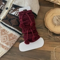 Japanese style wine red knit leg warmers with ribbon bows and fluffy fur balls - Burgundy
