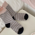 Vintage striped crew socks with pink ribbed cuffs and retro contrast colors for women - Pink Cuff