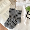 Thick wool blend mid-calf socks with grey and black stripes for winter warmth - One Size / Gray