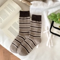 Cozy striped wool crew socks in retro brown and beige tones for winter warmth - One Size / Brown