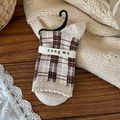 Calze a quadri marroni e beige con bordo a balze e fiocco per uno stile invernale vintage - Taglia unica / Motivo a scacchi marrone riso