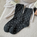 Dark grey crew socks with white polka dots and delicate lace trim in cozy wool knit - One Size / Dark Gray