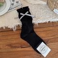 Sweet ballet style black mid-calf cotton socks with grey ribbon bow decoration - Black