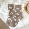 Brown wool crew socks with white floral jacquard pattern and ribbed cuffs for women - One Size / Khaki
