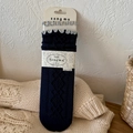 Retro navy blue wool blend socks with grey ruffled edge and vintage knitted pattern - One Size / Navy Blue