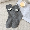 Dark gray wool blend crew socks featuring cute panda pattern and thick warm knit texture - One Size / Medium Grey