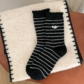 Striped mid-calf socks with cute cartoon embroidery and elegant ruffled edge detailing - Black