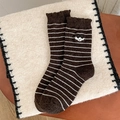 Brown striped wool socks with cute panda embroidery and cozy rolled cuffs for women - Coffee