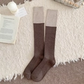 Knitted calf-length socks in dark coffee and beige contrast color with ribbed texture - One Size / Coffee