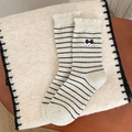Cute beige striped wool socks with cartoon puppy embroidery and frilly lace cuffs - Off-white