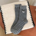 Grey striped wool socks with cute cartoon puppy embroidery and ruffled lace cuffs - Light Gray