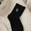 Süße schwarze Baumwollsocken mit weißem Rüschenrand und Welpenbestickung - Einheitsgröße / Schwarz