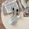 Calze di lana a rombi stile britannico in beige e marrone per l'inverno - Taglia unica / Bianco