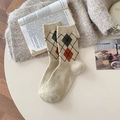 Calze retrò in misto lana a quadri Argyle beige, verdi e rosso ruggine invernali - Taglia unica / Beige