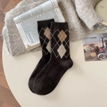 Cozy dark brown argyle wool mid-calf socks for women featuring vintage plaid pattern - One Size / Brown