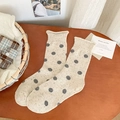 Dicke Wollmischung Wadenstrümpfe in Beige mit dunkelgrauen Punkten und Rollrand - Einheitsgröße / Cremeweiß