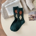 Dark green argyle wool socks in vintage British style with thick knitted texture - One Size / Green