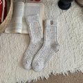 Oatmeal thick knit wool socks featuring cute elk embroidery and blue flecked yarn details - One Size / White (Reindeer Embroidery)