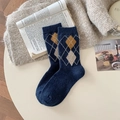 Dark blue argyle knit wool mid-calf socks with yellow pattern for winter comfort - One Size / Navy Blue